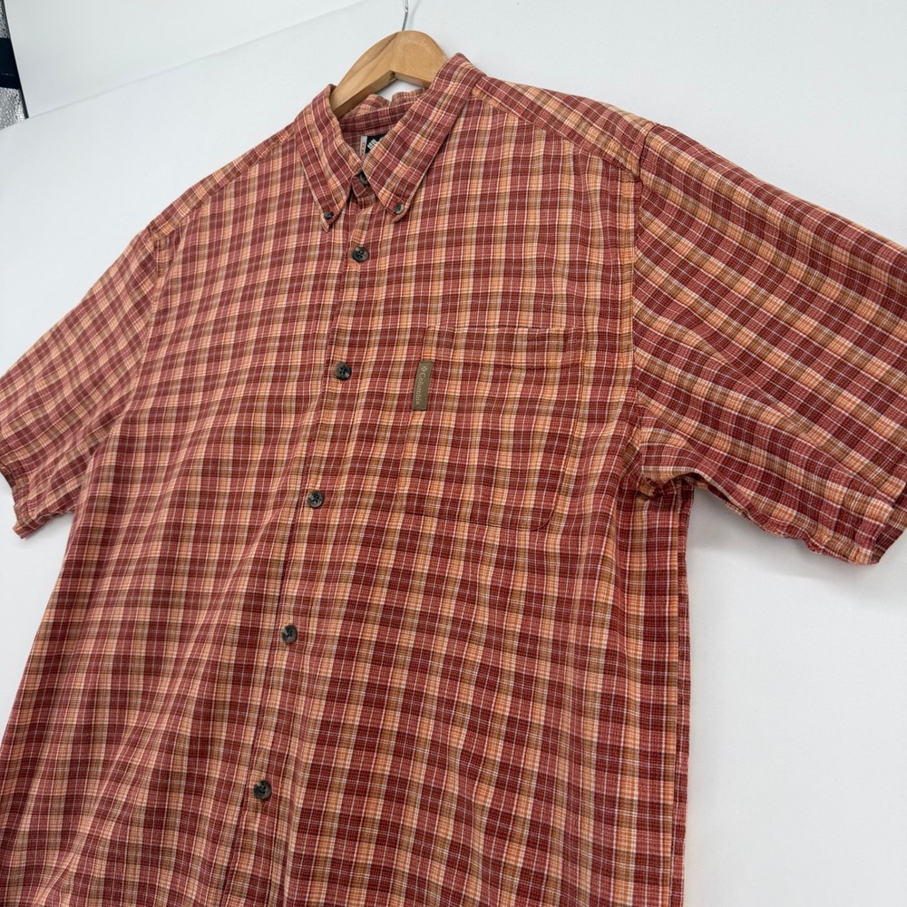 Columbia Mens XL Plaid Short Sleeve Button Down Shirt Red Orange Casual Outdoor
